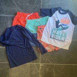 Lot of 3 boys’ swim trunks & 2 rash guards size 7/8. Old Navy, Children’s Place